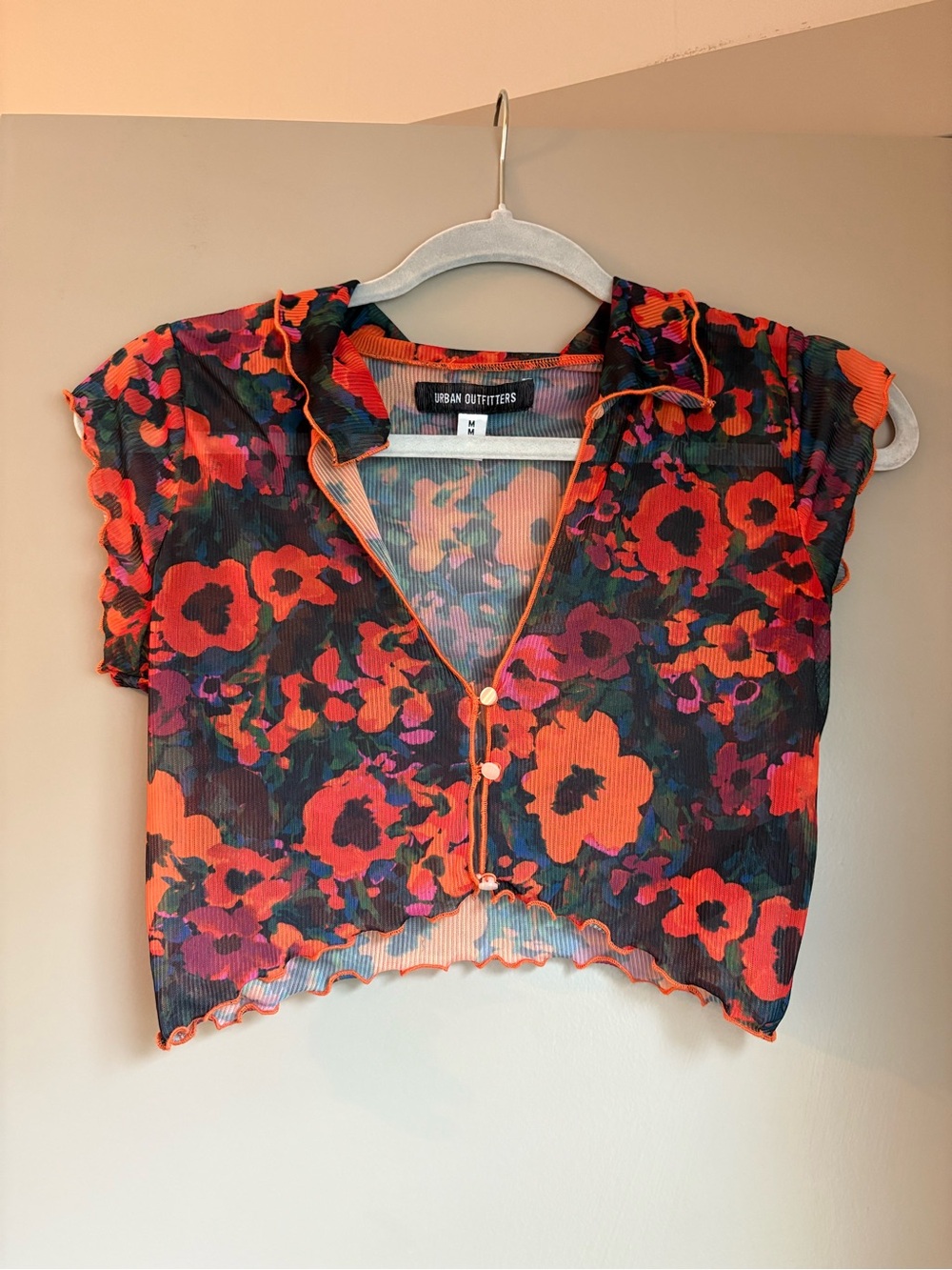 Urban Outfitters Orange and Red Floral Mesh Crop Top